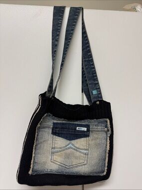 Vintage Azzure Black Knit Shoulder Bag with Denim Pocket Detail
